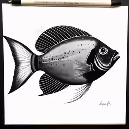 a black and white drawing of a fish