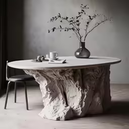 a dining table with a vase and a coffee cup sitting on the side