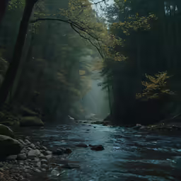 a river with rocks and fog on it