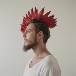a man with a red head piece on his head