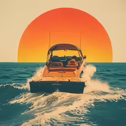 the sun is setting behind a speed boat