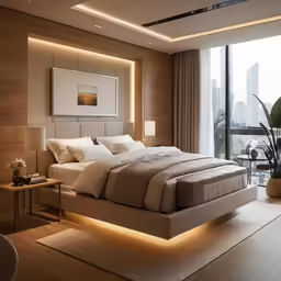 a very large bed with an electric strip light
