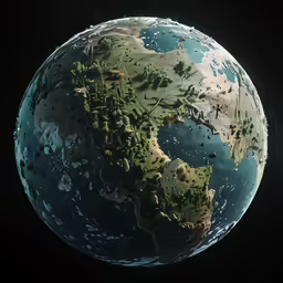 a planet covered in green vegetation sits on a dark background