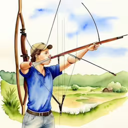 an illustration of a boy aiming a bow with his hands,a man holding a long bow and an arrow