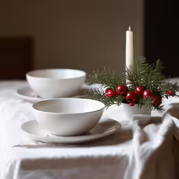 bowls on a table with a lit candle and christmas decorations