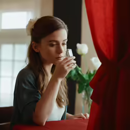 a woman drinks wine out of a glass