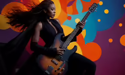 the woman is holding a guitar with her long hair blowing
