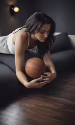a girl is holding a basketball on her leg