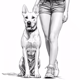 a woman standing next to a dog and a black and white drawing