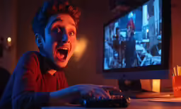 a young man with his mouth open, next to a computer monitor
