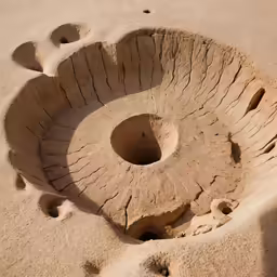 an odd looking hole in the sand next to the ocean