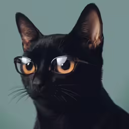 a black cat in glasses against a blue background