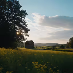 a barn in the distance with sun going down
