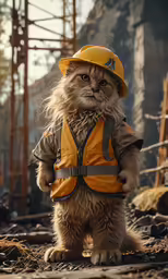 the cat is dressed in an orange construction outfit