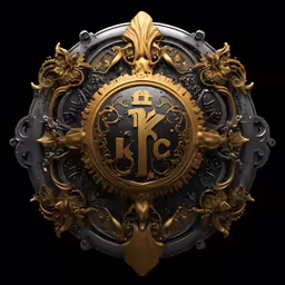 an ornate, gold - colored logo with letters