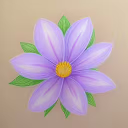 a drawing of a purple flower with green leaves,a purple flower with green leaves in the center,a painting of a pink flower with green leaves on a brown surface,a blue flower painted on a wall with green leaves,a large flower with green leaves in purple and yellow
