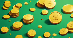 golden coins sitting next to each other on a green surface,several piles of money that are on the green table