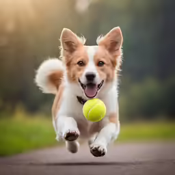 a dog that is running down the street with a tennis ball
