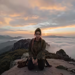 a young woman is sitting on the side of a mountain