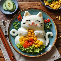 a close up of a plate of food with a cat design
