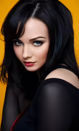 an attractive woman with blue eyes wearing black and red lipstick