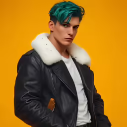 a boy wearing a leather jacket and with green hair