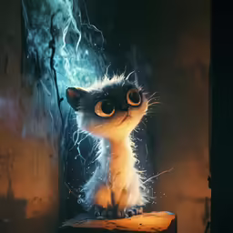 a little cat with brown eyes sits in front of a window