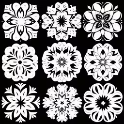 large white paper flowers are placed on a black background,flower cut out shapes are arranged in four rows,different floral design designs are shown in this image,a set of eight snowflakes is shown in different styles,the nine petals of the white flower pattern