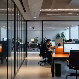 a man is using his computer in an office