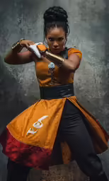 a woman in a costume holding up a sword