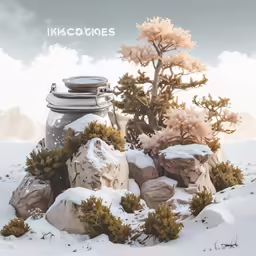 plants and stones stand in the snow next to a potted plant