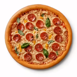 a pizza with cheese and toppings with tomatoes