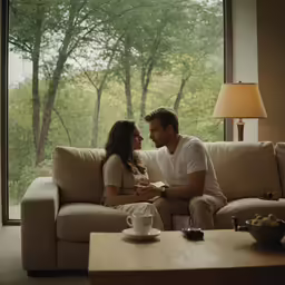 a couple sitting on top of a couch talking