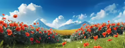 a field with bright orange flowers and clouds