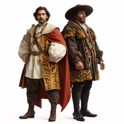 two men in medieval costumes with long hair