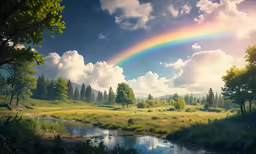 a rainbow is seen above the water as a sunny day rolls in