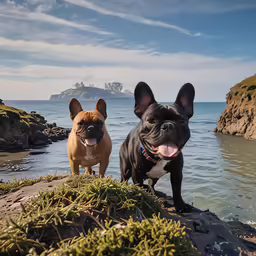 two dogs are standing next to the water