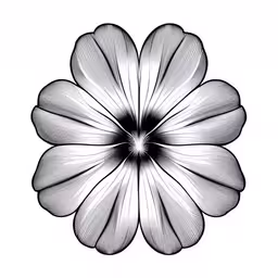 a black and white photo with a flower in the center,the petals are showing the different lines in this image