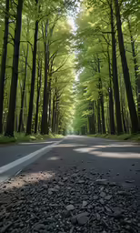 the road is empty with trees on both sides