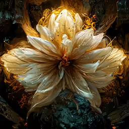 a close up of a large flower near water