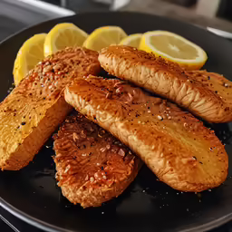 there are fish, bread and lemons on a plate