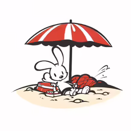 a white rabbit with red scarf sitting under an umbrella