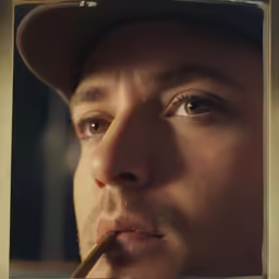 an adult wearing a hat with his lip up
