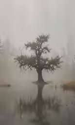the tree is in the middle of the lake, and it looks like it has been fogged up