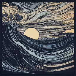 an ocean scene with waves and the sun in the sky,an ocean wave with the sun in the background