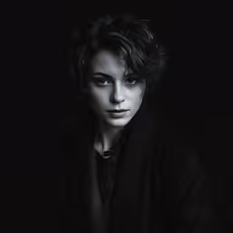 an evil woman in a dark room poses for a portrait
