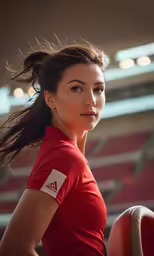 a woman in a red shirt posing for a picture