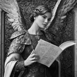 an old photo of an angel reading a book