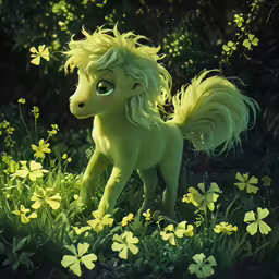 a green pony standing in a lush green field