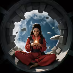 a woman in an orange and black outfit holds a crystal ball with stones surrounding her